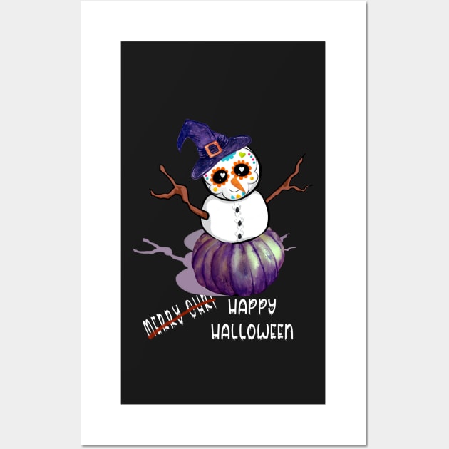 halloween pumpkin fun spoopy snowman Wall Art by sharanarnoldart